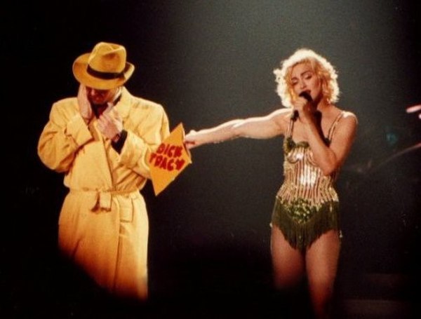 Madonna performing "Now I'm Following You" with a Dick Tracy lookalike, on 1990's Blond Ambition World Tour