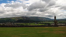 Ochil Hills and statue of Robert the Bruce as seen from Stirling Castle