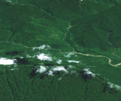 A Landsat montage of Olsobip township (centre) with the Hindenburg Wall (part of the Hindenburg Range) in the foreground