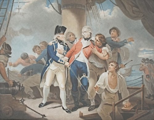 Captain Henry Trollope with the mortally wounded Marine Captain Henry Ludlow Strangeways on the deck of HMS Glatton