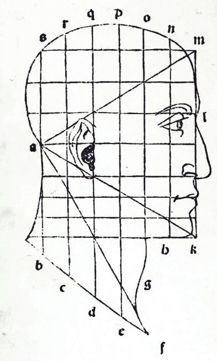 Woodcut illustrating the proportions of the human face from the second part of Divina proportione, which covers the Vitruvian system