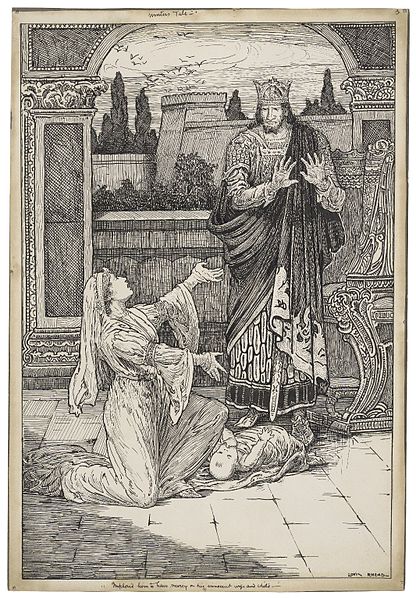An ink drawing of Act II, Scene iii: Paulina imploring Leontes to have mercy on his daughter, Perdita. Illustration was designed for an edition of Lam