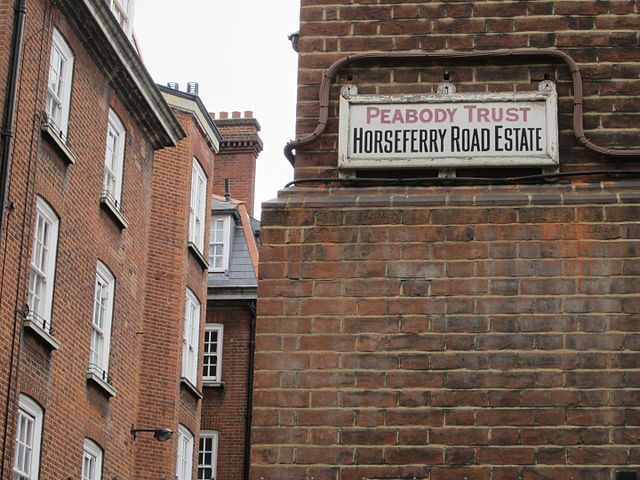 The Peabody Trust continues to provide cheap housing in central London. This sign marks the Horseferry Road Estate in Westminster.