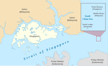 The approximate location of Pedra Branca in the South China Sea in relation to the countries surrounding it