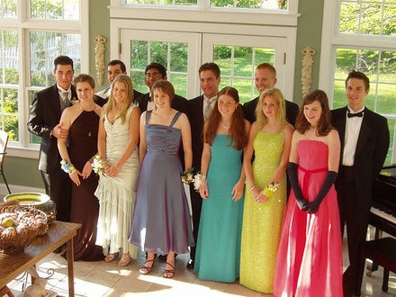 Prom dresses, with hemlines varying from above-the-ankle (tea length) to floor length Preprom.jpg