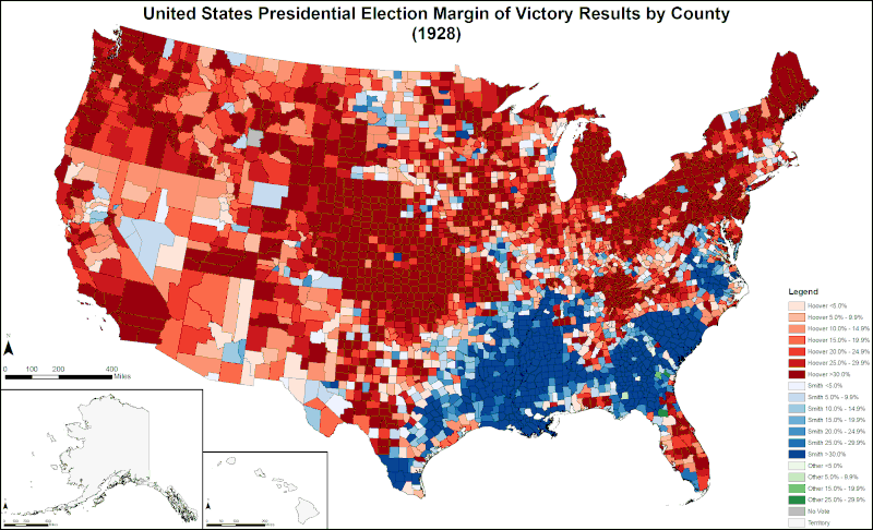 Results by county explicitly indicating the margin of victory for the winning candidate. Shades of red are for Hoover (Republican) and shades of blue are for Smith (Democratic), and shades of green are for "Other(s)" (Non-Democratic/Non-Republican), gray indicates zero recorded votes, and white indicates territories not elevated to statehood.[41]