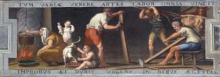 Citation encadrant la peinture : femme accroupie surveillant la marmite sur le feu, deux enfants avec un chien, trois hommes réparant des outils.