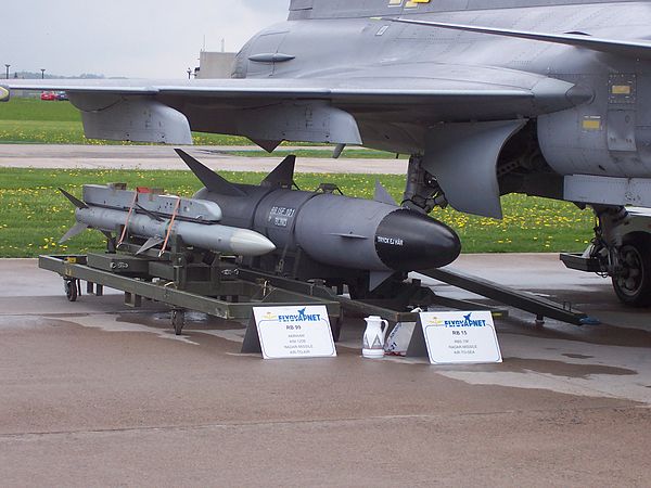 RBS-15F anti-ship missile (on right) under the wing of a JAS 39 Gripen fighter, 2007