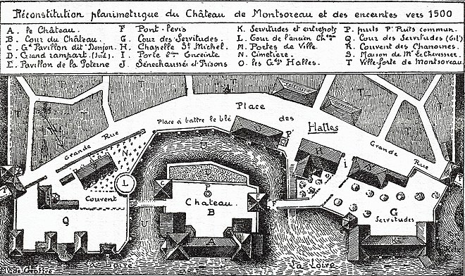 Reproduction d'un plan montrant l'implantation des bâtiments du château les uns par rapport aux autres.