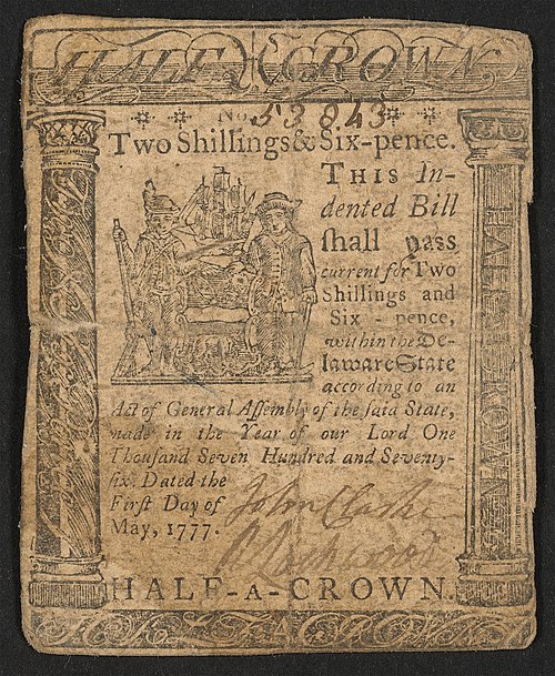 A two-shilling, six-pence banknote issued by Delaware in 1777