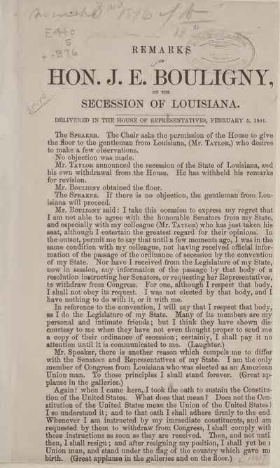 Bouligny's remarks on the secession of Louisiana