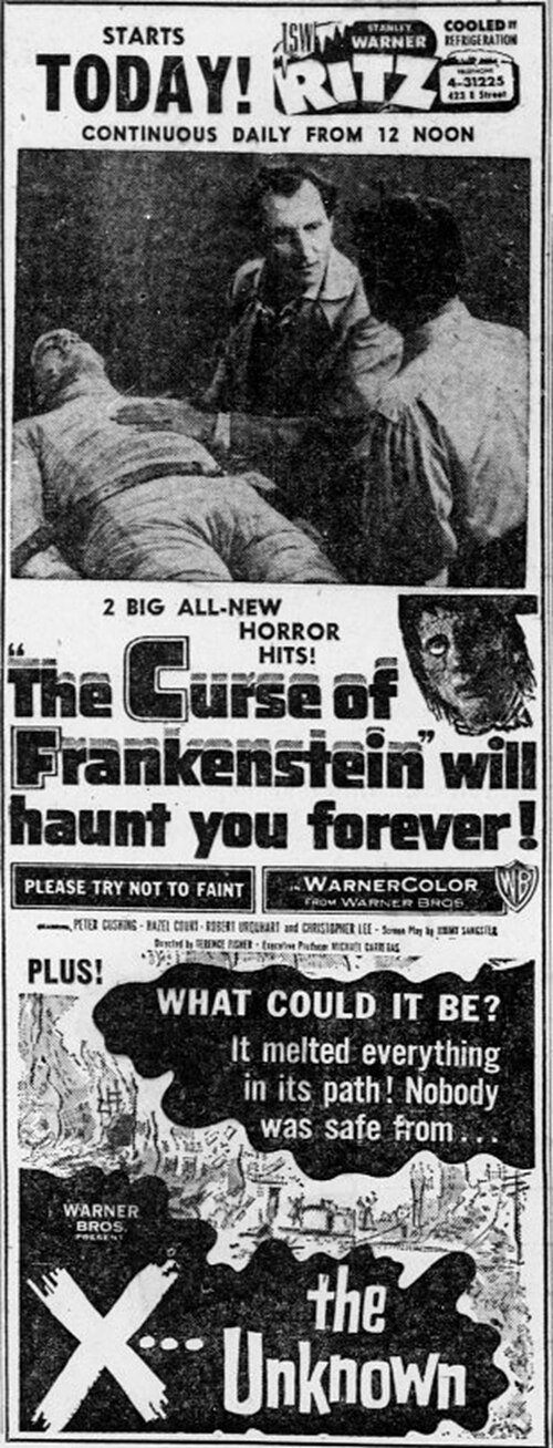 Advertisement from 1957 for The Curse of Frankenstein and co-feature, X the Unknown.