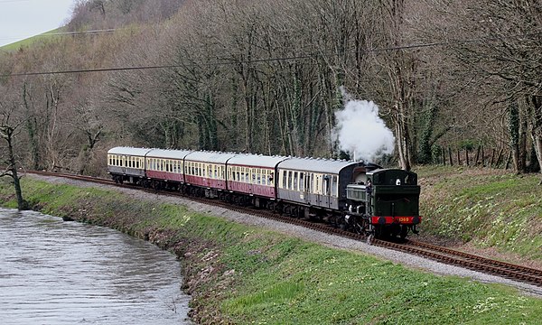 GWR pannier tank 1369 beside the River Dart near Staverton