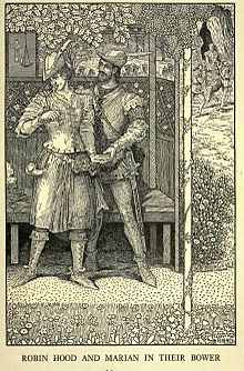 Robin Hood and Marian in their Bower (1912). Maid Marion wears a Tyrolean hat and carries a hunting horn. RobinandMaidMarion.JPG