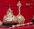 Globus cruciger, sceptrul și coroana țarului Mihail I al Rusiei, la muzeul tezaurului coroanei din Kremlin, Moscova (Federația Rusă)