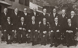 (c.1958)
Front (left to right): Eben Donges, Paul Sauer, Hendrik Verwoerd, E. G. Jansen, C. R. Swart and Eric Louw.
Back (left to right): J. J. Serfontein, M. D. C. de Wet, A. J. R. van Rhijn, Jan de Klerk, Ben Schoeman, P. K. le Roux, F. C. Erasmus and Tom Naude. SA Cabinet 1958.jpg