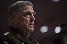 Milley testifies before the Senate Armed Services Committee on the withdrawal from Afghanistan and his calls to China on September 28, 2021. SECDEF, CJCS, CENTCOM Senate Armed Services Testimony on Afghanistan 210928-D-TT977-0249.jpg