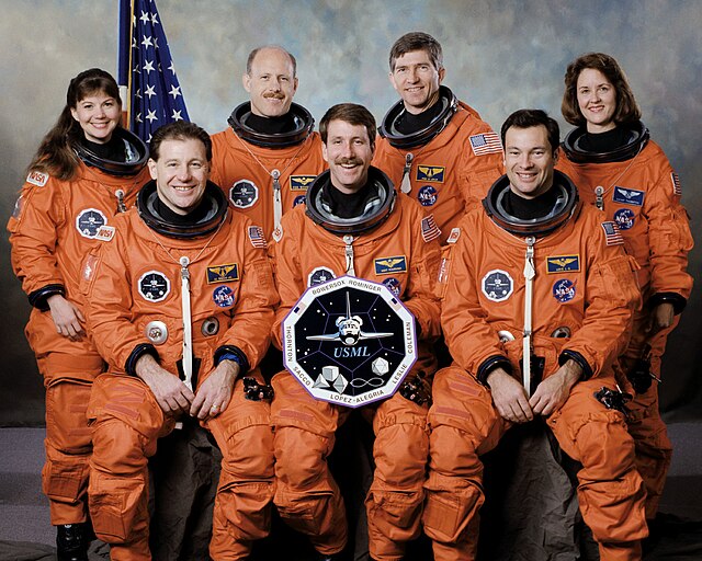 Left to right - Seated: Sacco, Rominger, Lopez-Alegria; Standing: Coleman, Bowersox, Leslie, ThorntonSpace Shuttle program← STS-69 (71)STS-74 (73) →