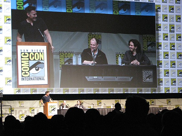 (L-R) moderator Geoff Boucher, producer Kevin Feige and Wright at the 2012 San Diego Comic-Con