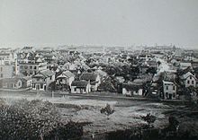 St. Augustine in 1891 from the former San Marco Hotel, Spanish St. on left, Huguenot Cemetery lower left corner, Cordova St. on right San Marco Hotel.jpg