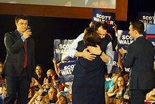 Walker embraces his wife Tonette during his 2016 presidential campaign announcement with their sons present Scott Walker hugs wife Tonette at 2016 Presidential announcement.jpg