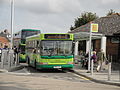 Southern Vectis 3329 Thorley Brook (HW54 DCE), a Dennis Dart SLF/Plaxton Pointer 2 MPD, in Newport, Isle of Wight bus station, out of service. The significance of the photo is the "Sorry! Not in Service" destination screen, which was still being used as it had been programmed in by Wightbus. This has since been changed, firstly to display "Private", then "Not in Service".