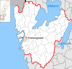 Община Стенунгсунд на картата на лен Вестра Йоталанд, Швеция