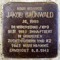 Stumbling stone for Jakob Grünwald (1903) in Mindelheim.jpg