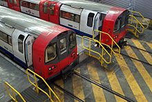 Two 1996 Stock trains stabled at the depot Stratford Depot 27.JPG