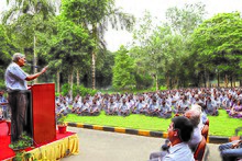 Suresh Krishna sharing his thoughts with employees. Suresh Krishna's communication Meeting at Factory.jpg