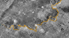 Figure 13. Thermal inertia map of the southern half of Meridiani Planum and a region to the south of it. Dried-up river valleys are visible in the region to the south. These dried-up rivers used to flow into the Meridiani sediments, the dry valleys now end at the plain. The imaging was made from orbit by the THEMIS instrument on board the Mars Odyssey orbiter. THEMIS.thermal.interia.map.with.rivers.png