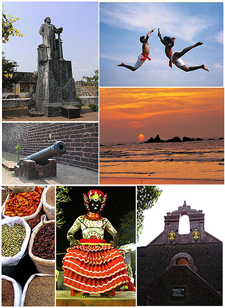 Clockwise from top: Statue of Hermann Gundert, Kalaripayattu, Muzhappilangad Beach, Tellicherry Fort, Theyyam, Thalassery spice market, a cannon insid