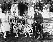 The Mitford family in 1928; Front row, from left to right , the mother Sydney Bowles, the daughters Unity, Jessica and Deborah, the father David Freeman-Mitford, 2nd baron Redesdale ; second row, Diana and Pamela ; back row, Nancy and Tom.