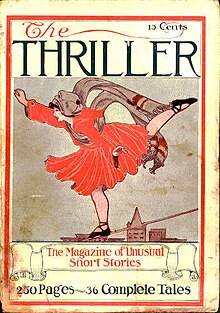 Cover of the fourth issue of The Thriller, 1917, which reprinted stories from The Black Cat; artist unknown The Thriller 1917 issue 4.jpg