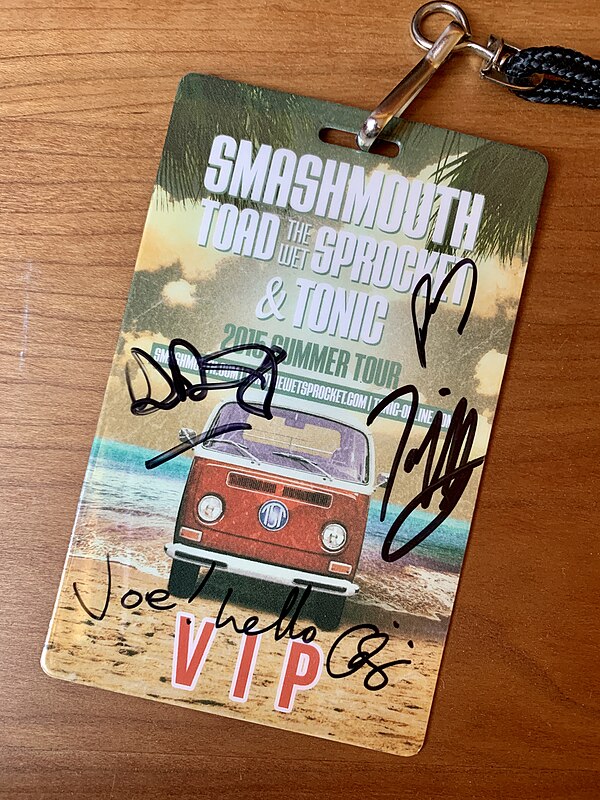 VIP access pass to the 2015 Toad, Tonic, & Smash Mouth concert series, signed by Toad's band members.