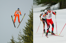 Deux photographies de skieurs, le premier en vol, le second avec des skieurs se tirant la bourre.
