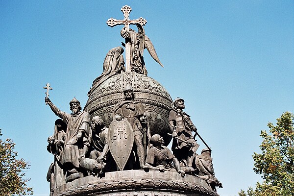 Millennium of Russia monument in Novgorod with Rurik (centre), Vladimir the Great (left), Dmitry Donskoy (right)