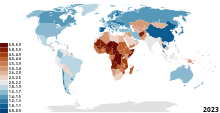 Map of countries by fertility rate (2020), according to the Population Reference Bureau