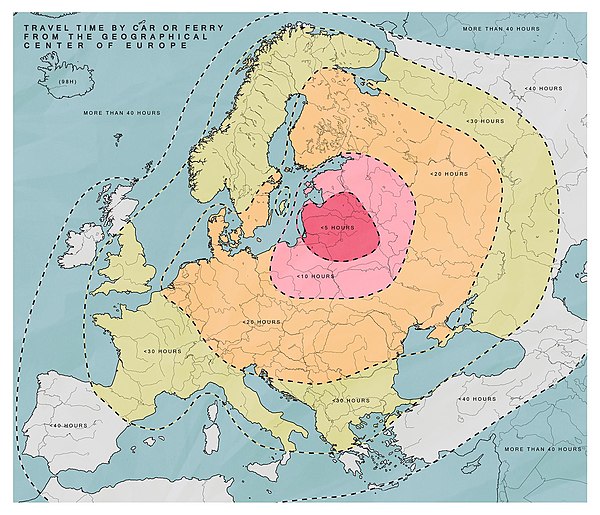 Travel time by car or ferry from the geographical center of Europe