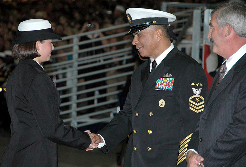 File:U.S. Navy Master Chief Petty Officer of the Navy (MCPON) Joe R. Campa Jr., congratulates Seaman Recruit Tina Bahner after being named the top recruit and receiving the Military Excellence Award during the 071109-N-IK959-008.jpg