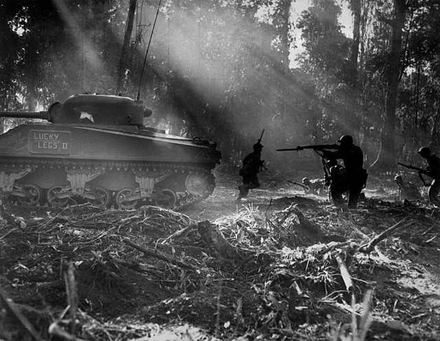 United States Army soldiers hunt Japanese infiltrators on Bougainville in March 1944.