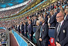 Distinguished visitors in the Wembley official gallery UEFA Euro 2020 Final - Sergio Mattarella with Gianni Infantino and Gabriele Gravina.jpg