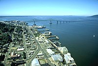 Youngs Bay, seen in the distant left, past Astoria, Oregon; where it meets the Columbia River. USACE Astoria-Megler Bridge.jpg