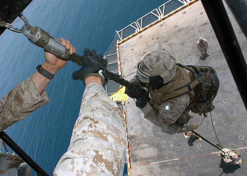 File:US Navy 050722-N-3557N-123 Marines assigned to the 26th Marine Expeditionary Unit (MEU) practice fast roping from the back ramp of an CH-46 Sea Knight helicopter on the flight deck.jpg