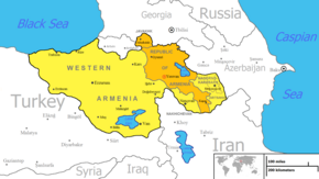 The modern concept of United Armenia as claimed by the Armenian Revolutionary Federation.
Orange: areas overwhelmingly populated by Armenians (Republic of Armenia: 98%; Nagorno-Karabakh: 99%; Javakheti: 95%)
Yellow: Historically Armenian areas with presently no or insignificant Armenian population (Western Armenia and Nakhichevan) United Armenia.png