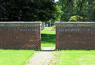 Entrance to Pioneer Memorial that contains headstones from cemeteries of the Lost Villages Upper Canada Village, Pioneer Memorial.jpg