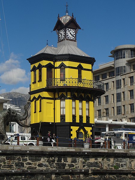 File:V&A Waterfront clocktower yellow.JPG