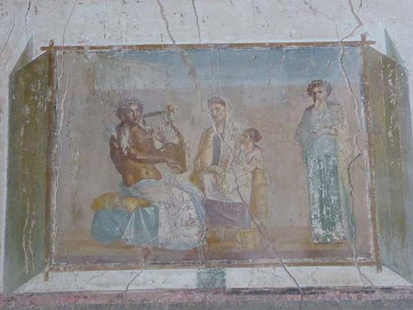 Enthroned Pindar with lyre, Muse and poetess. Antique fresco in Pompeii