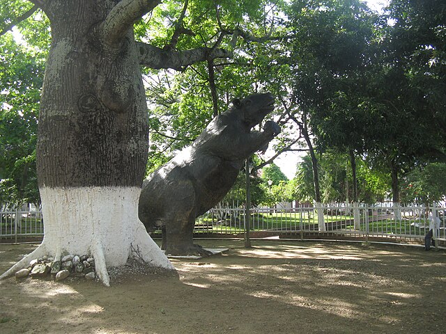 Statue of a prehistoric ground sloth from the Honda Group in Villavieja, Huila