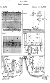 Atmospheric electricity utilization for the chemical reaction in which water is separated into oxygen and hydrogen. (Image via: Vion, US patent 28793. June 1860.) Vion radiant energy US Patent 28793.png